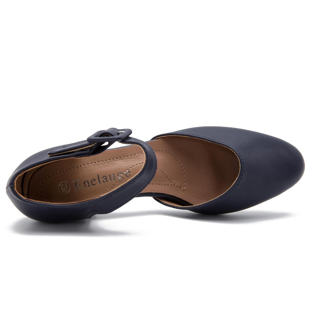 Enelauge Women's Matte Navy Ankle Strap Low Chunky Heel Pumps 7.5