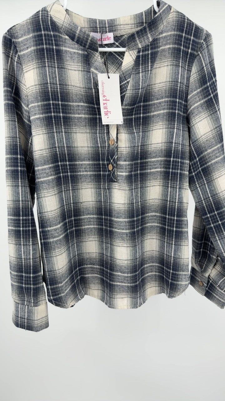 Plaid Half Button Long Sleeve Blouse