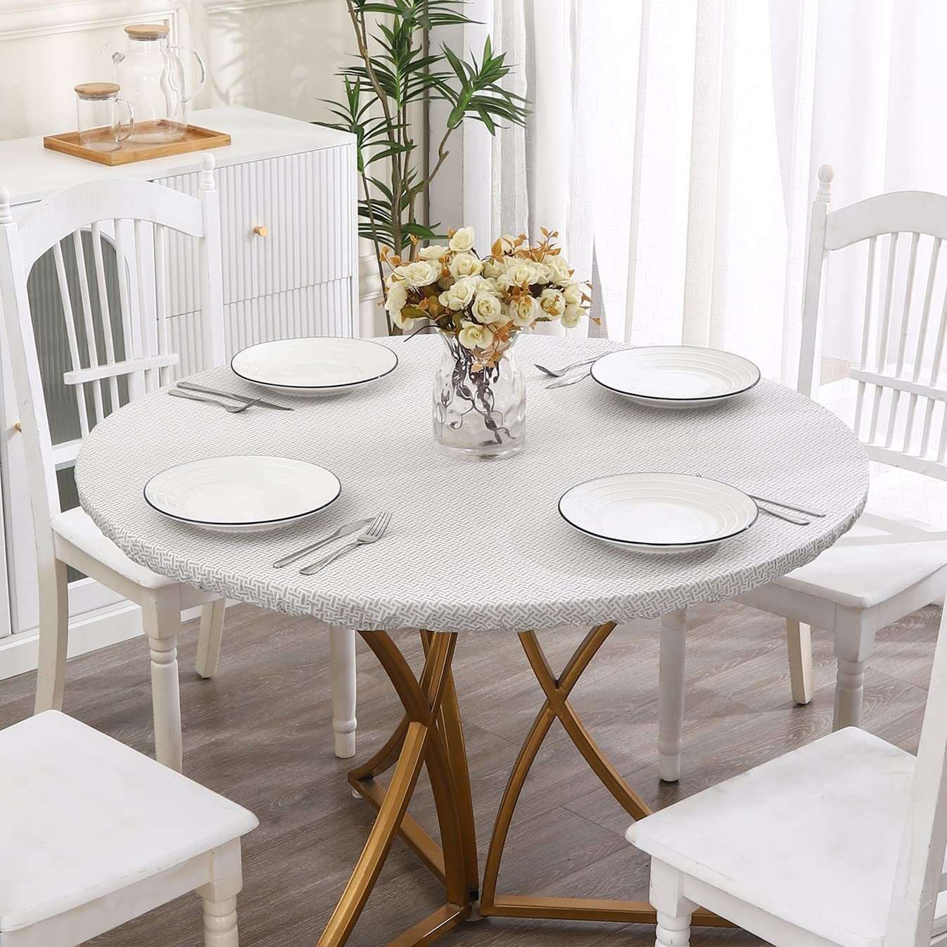 Round Vinyl Fitted Tablecloth 32-36 In, Elastic Edge, Weave Design