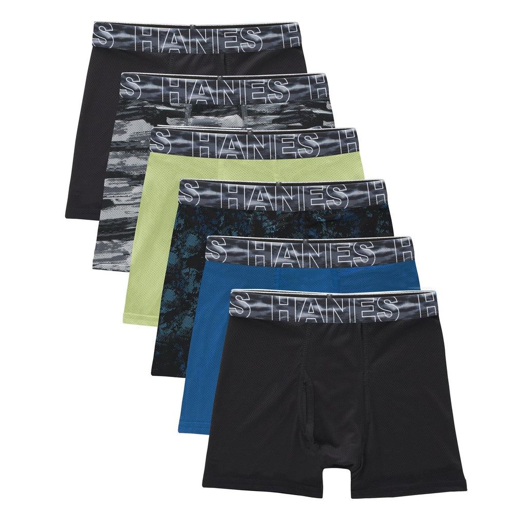 Hanes Boys' Large Boxer Briefs 6-Pack, X-Temp Mesh Underwear, Assorted, L