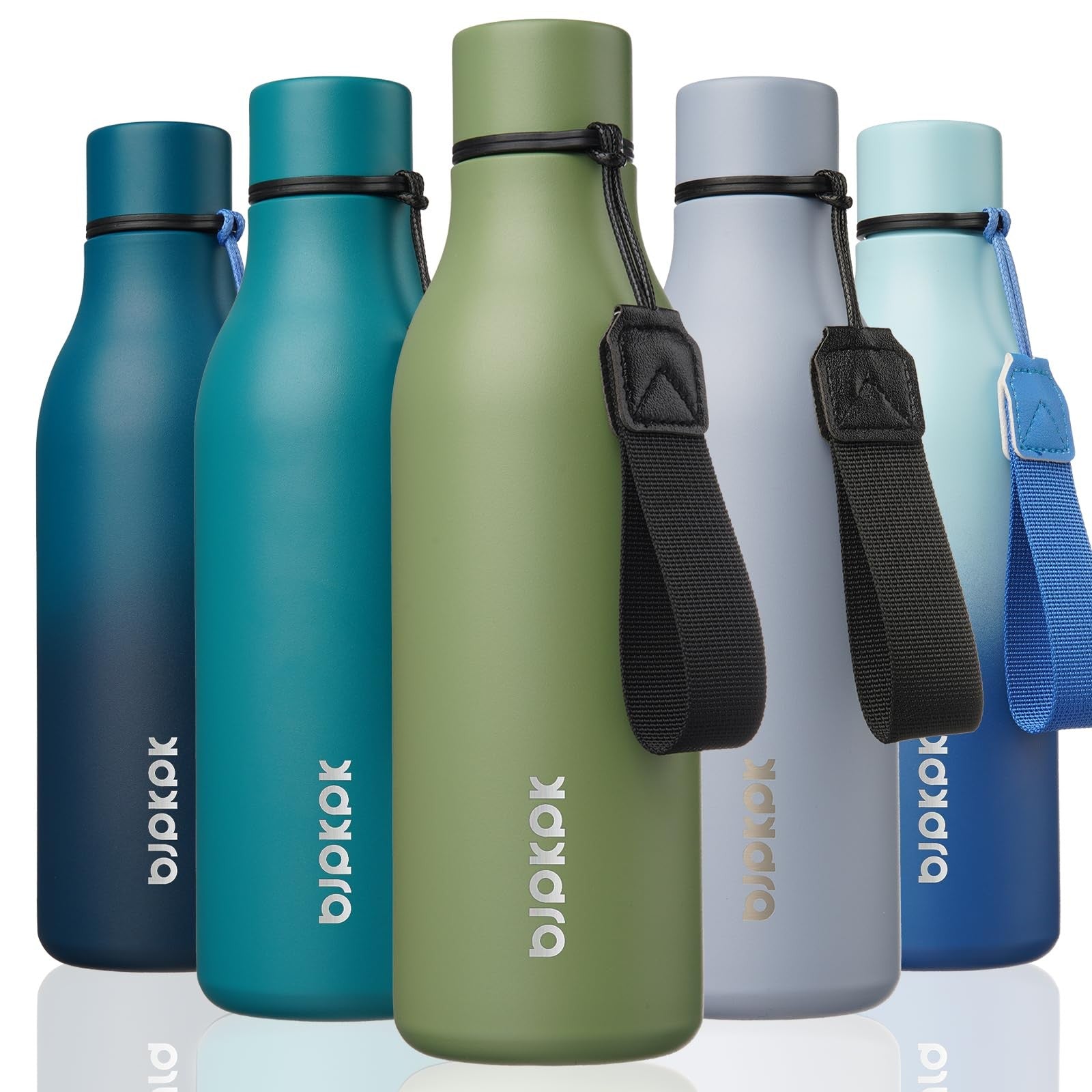 Reusable 18 oz Insulated Water Bottle, Stainless Steel, Green, w/ Strap