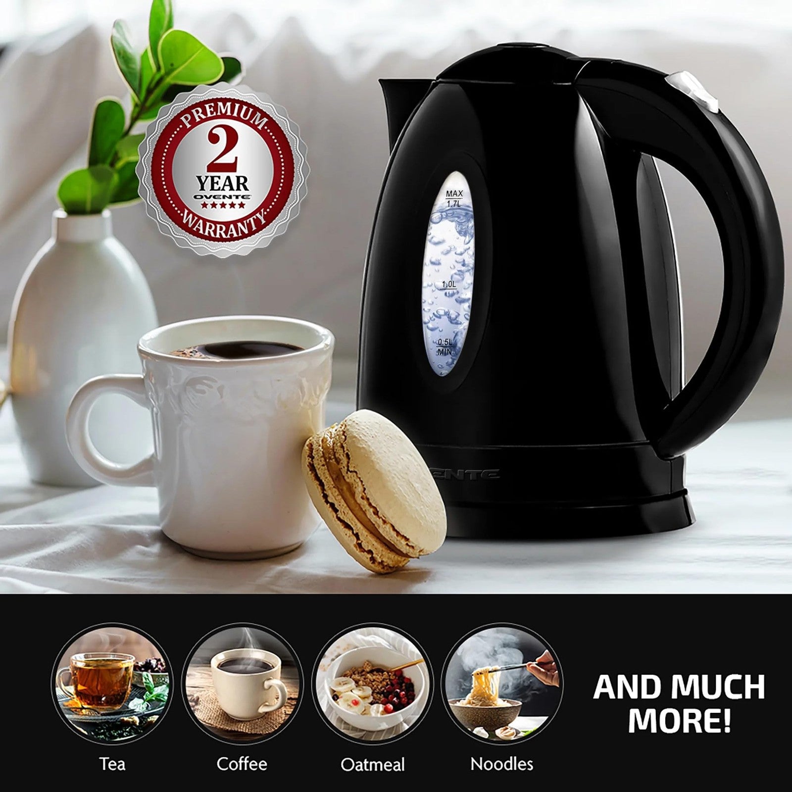 1.7L OVENTE Electric Kettle Black Auto Shut-Off & Boil-Dry Protection
