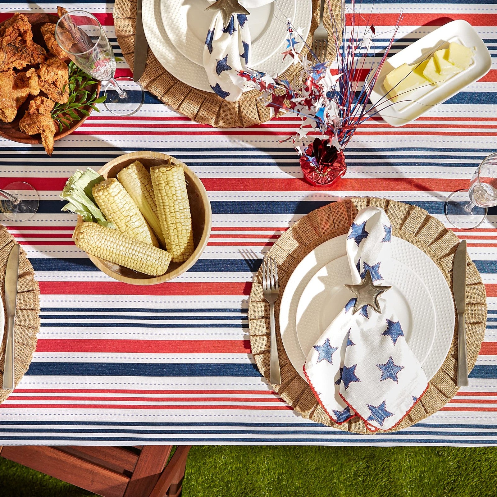 Patriotic Stripes Tablecloth 60x84 Red White Blue Waterproof Polyester