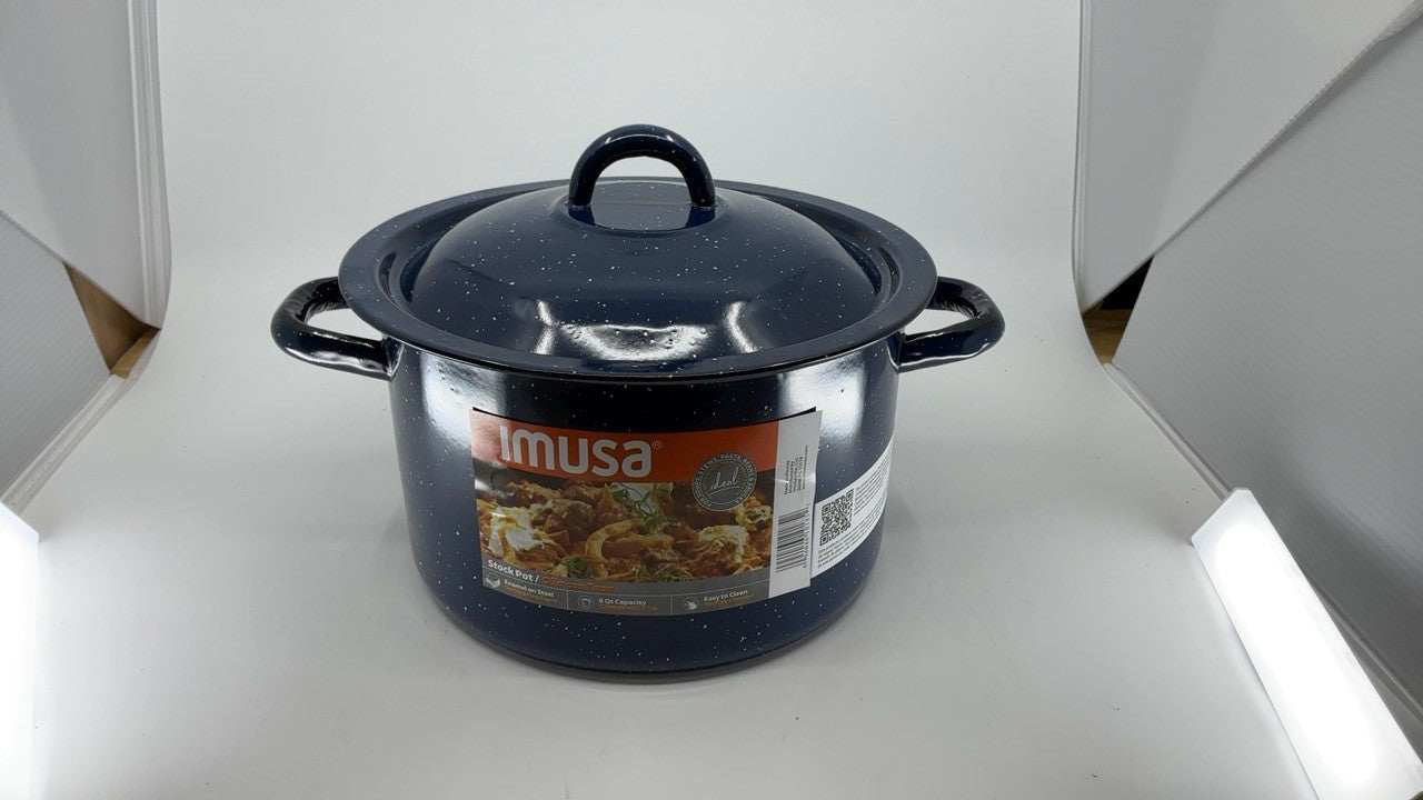 6Qt Blue Enamel Stock Pot w/ Lid - Durable Steel for Everyday Use