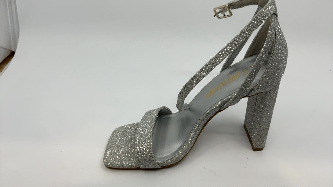 Chunky Block Square Toe Heels Sandals, Size 5.5, Silver
