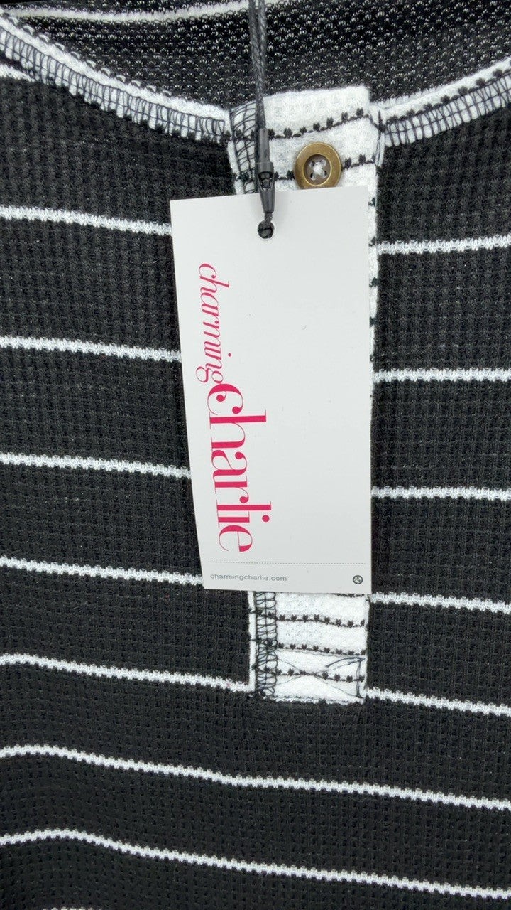 Striped Waffle Knit Henley Long Sleeve Top