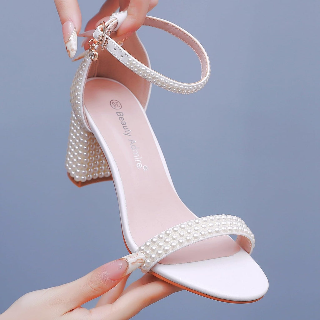 2.95'' Pearls Block Heels Sandals Beige 8 Peep Toe Rhinestone Pumps