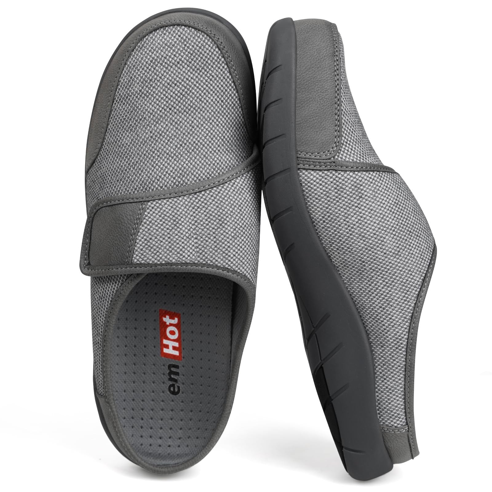 Men's Grey 13 Slippers - Extra Wide Diabetic Design w/ Adjustable Strap