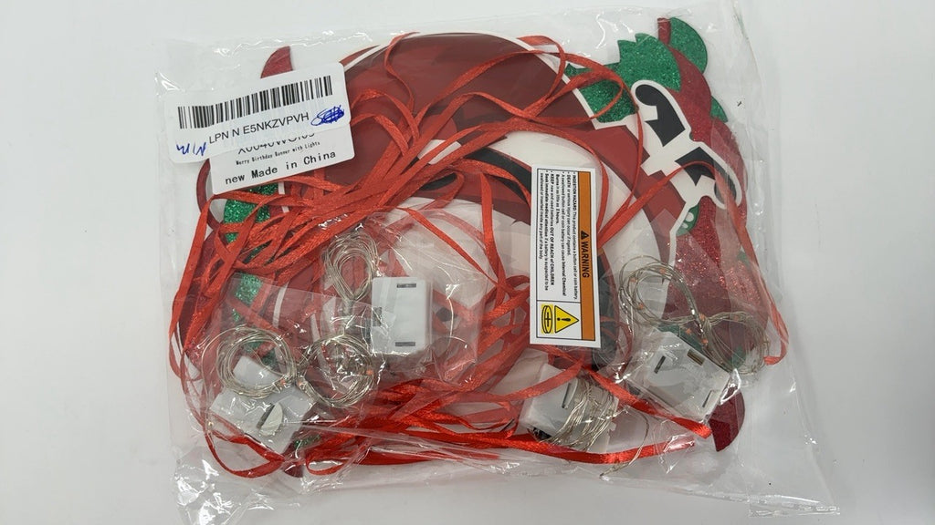 Christmas Birthday Party Banner, Glittery Design w/ Battery Fairy Lights