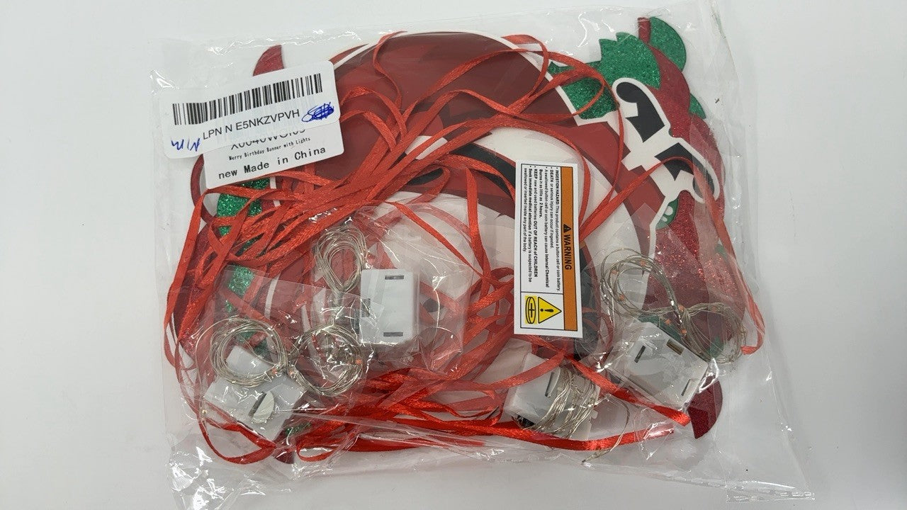 Christmas Birthday Party Banner, Glittery Design w/ Battery Fairy Lights