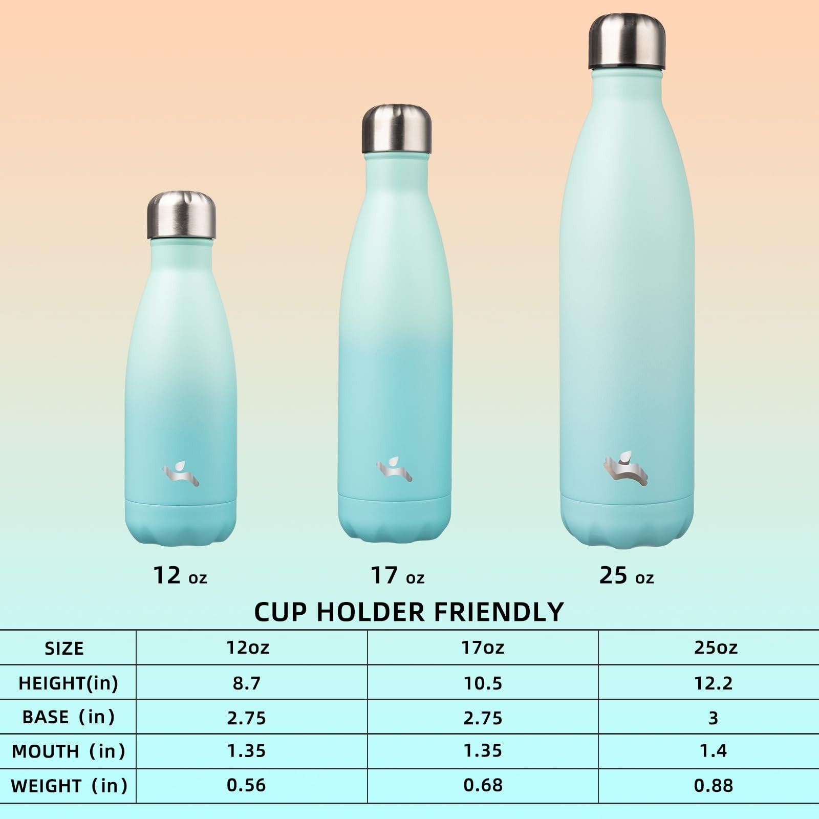 25 oz Insulated Water Bottle Mint Stainless Steel Double Wall Flask