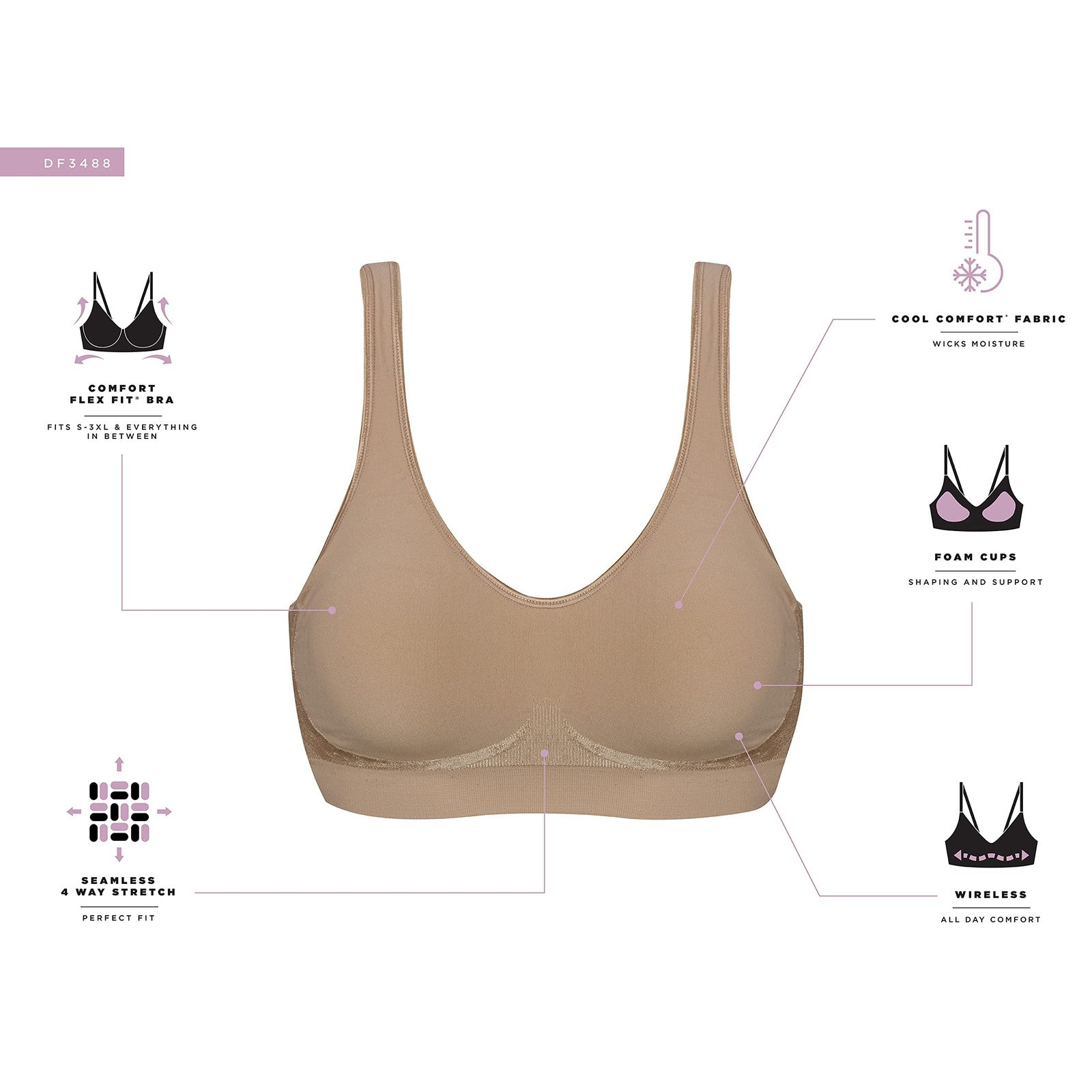 Bali Full-Coverage Wirefree Bra, Large, Moisture-Wicking, Grey Swirl