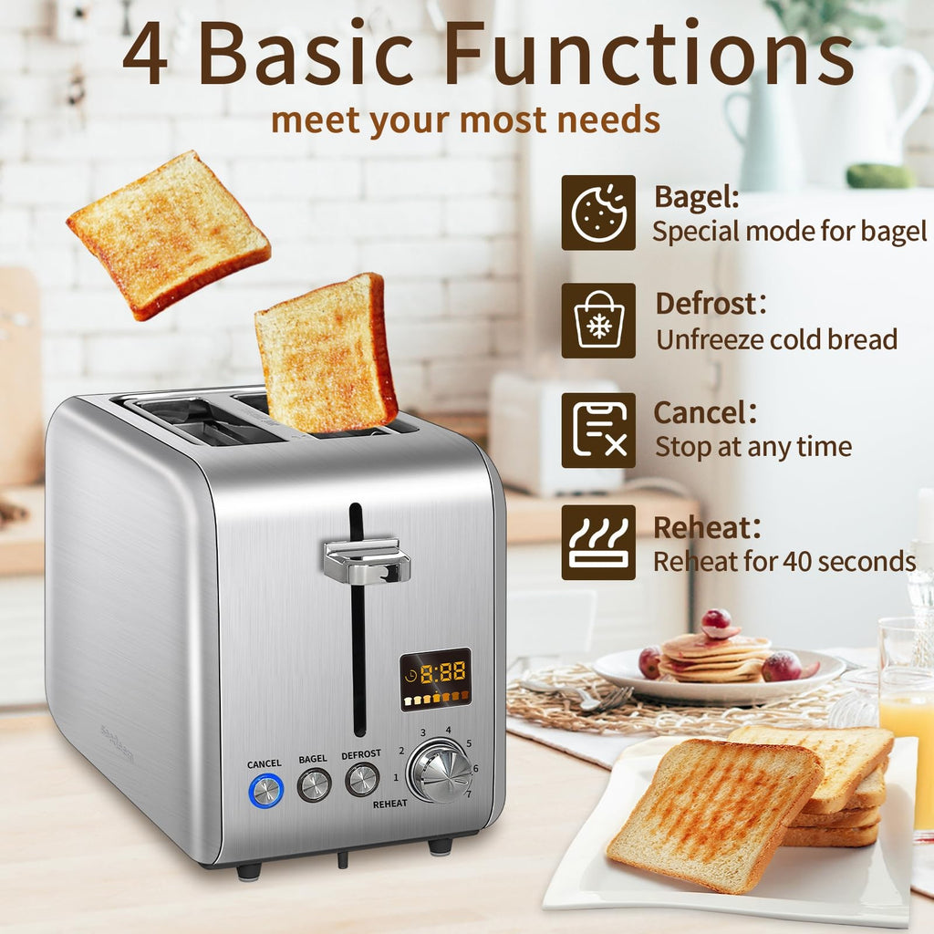 Modern 2 Slice Toaster 900W Silver Metallic w/ Bagel & Defrost Functions