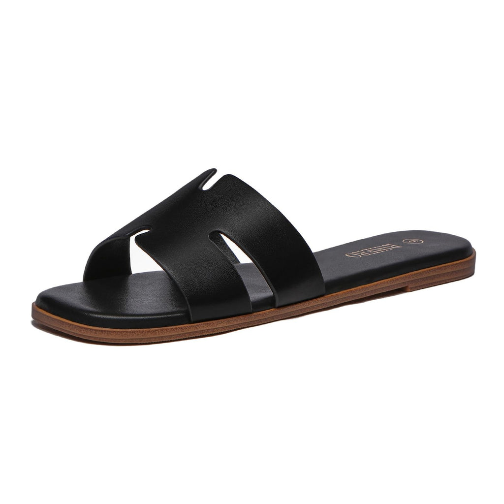 Rihero Black Flat Sandals Women Size 9 Slip On Peep Toe