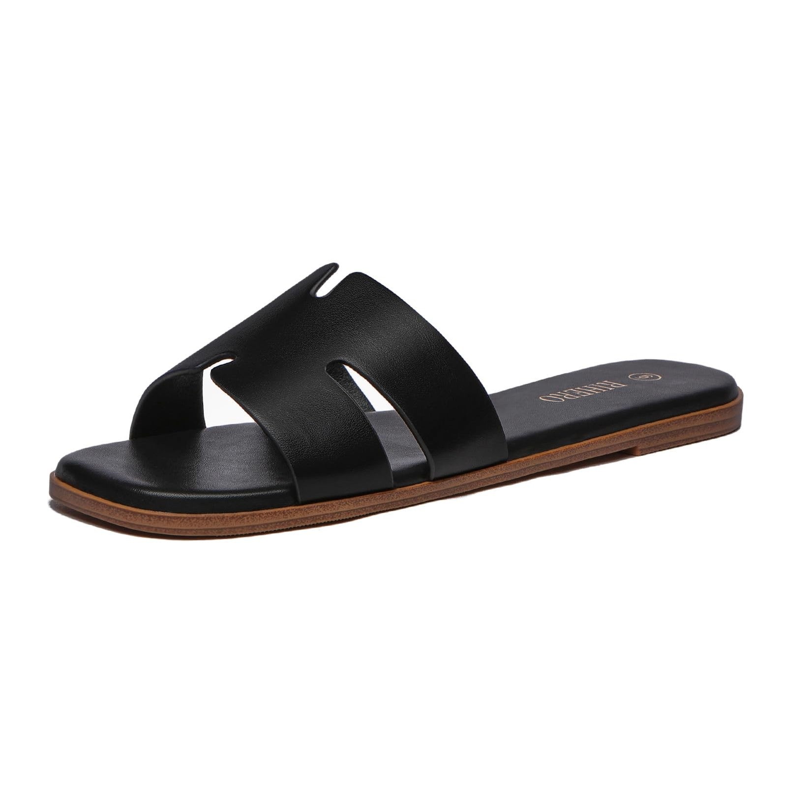 Rihero Black Flat Sandals Women Size 9 Slip On Peep Toe