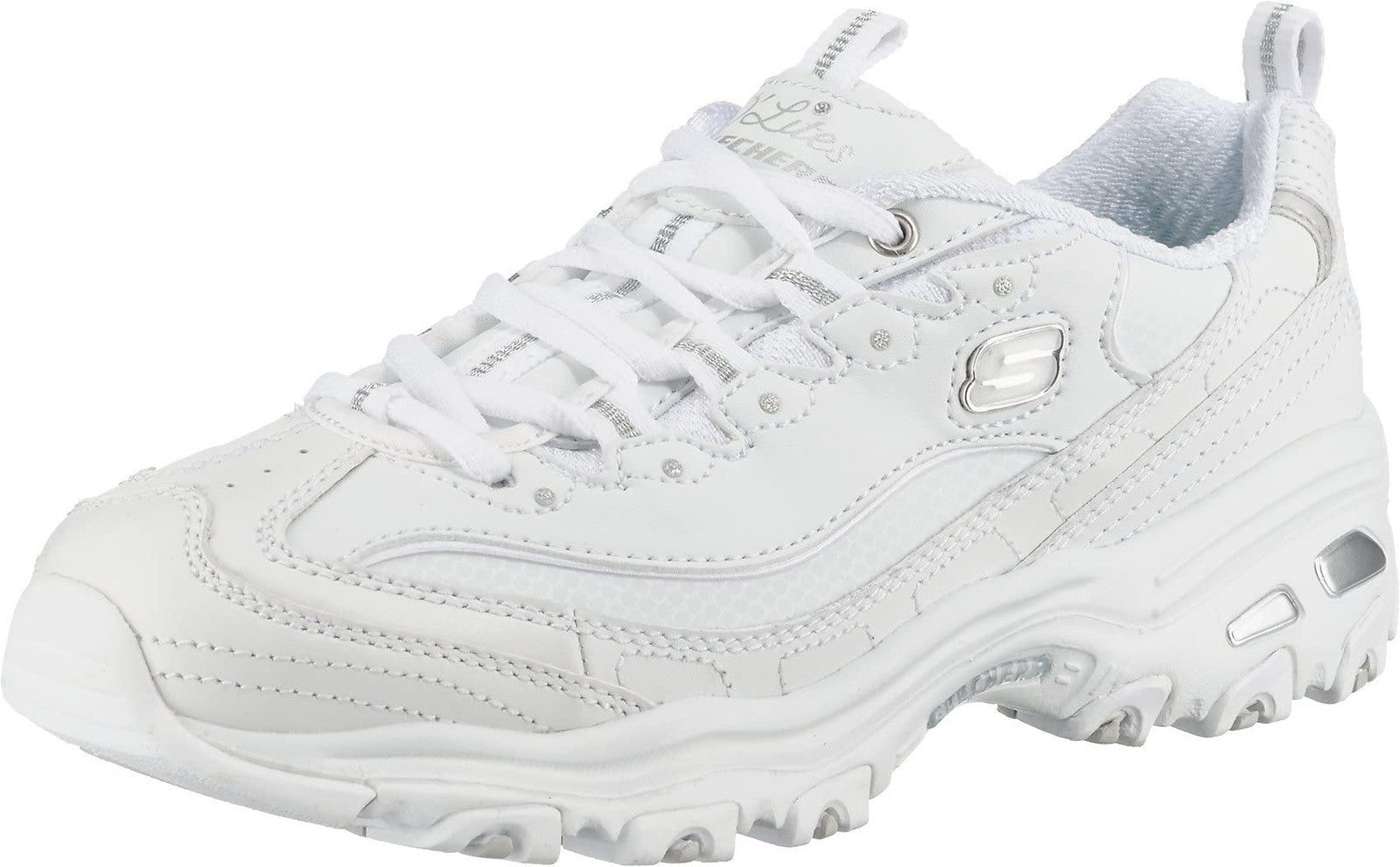 Skechers Sport Women's D'Lites Memory Foam Lace-up Sneaker,White Silver,8 W US
