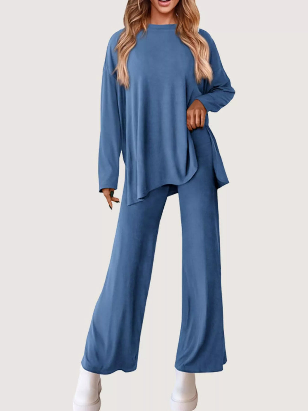 Casual Loose Long Sleeve Top and Wide Leg Pants Set