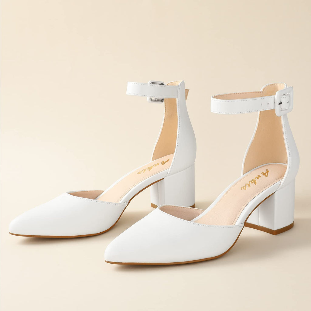Ankis Closed Toe Heels for Women -White Toe Heels Low Block Ankle -2.25", 8