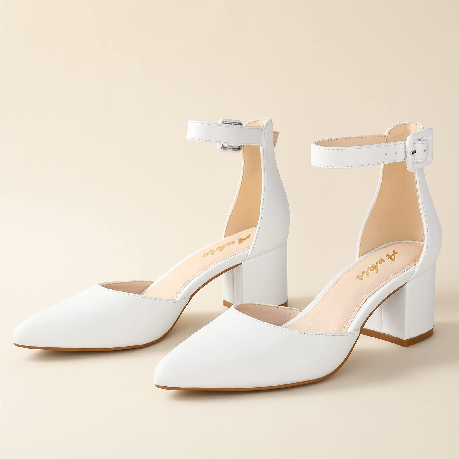 Ankis Closed Toe Heels for Women -White Toe Heels Low Block Ankle -2.25", 8