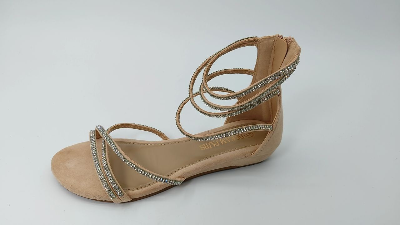 DREAM PAIRS Women's Size 5 Flat Sandals Gladiator Rhinestones Nude