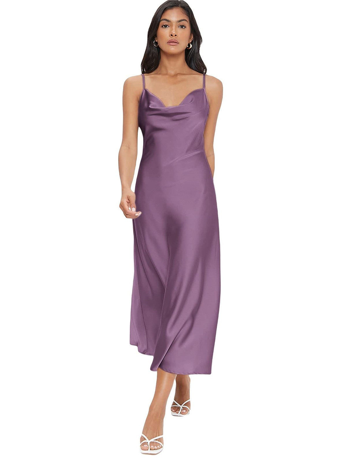Floerns Purple Silk Cowl Neck Spaghetti Strap Midi Dress XS