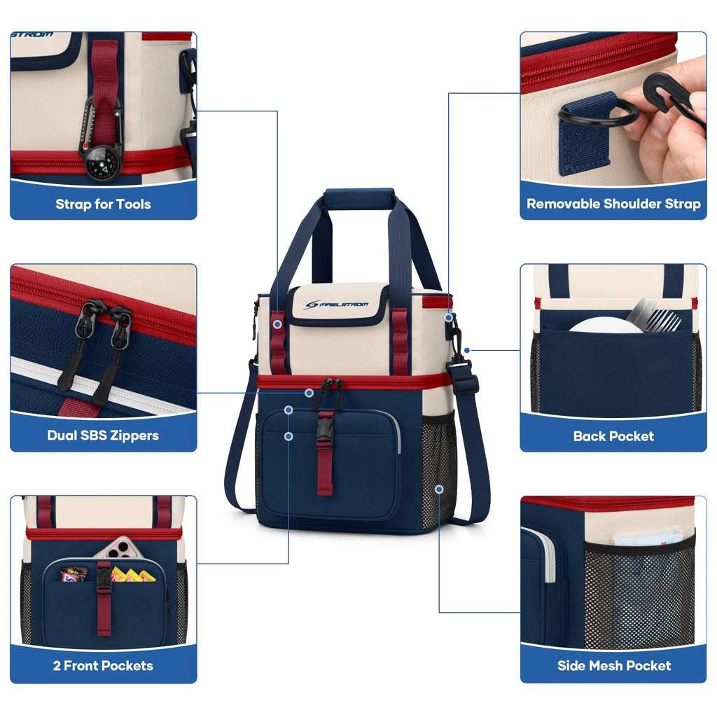 20L Insulated Lunch Bag, Leakproof Double Deck Cooler, Blue-Beige