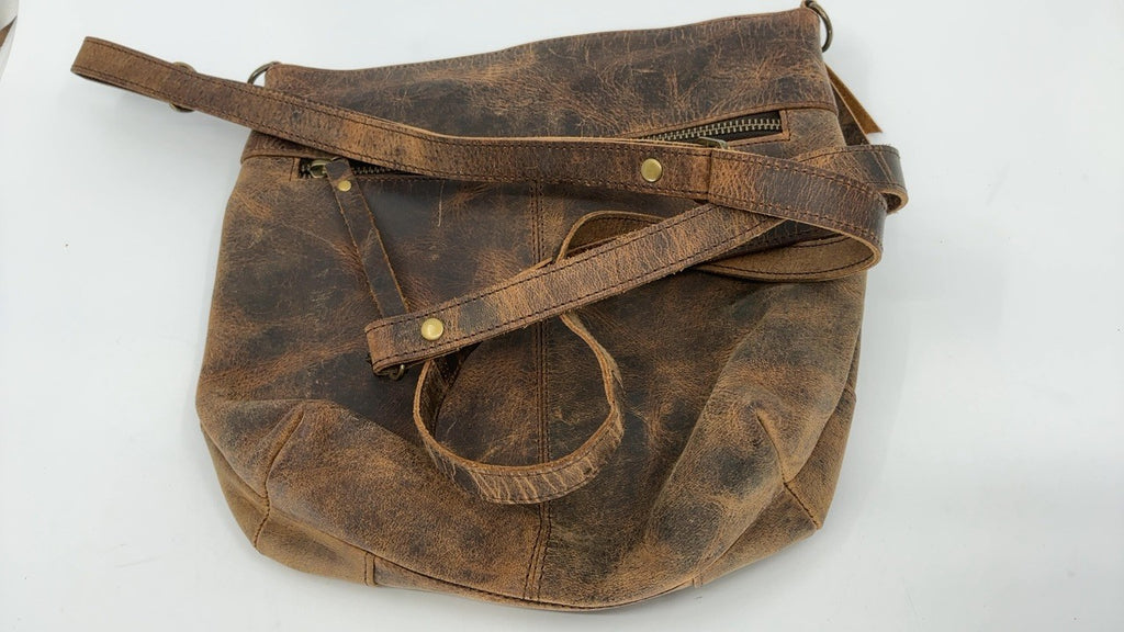 Women's Leather Crossbody Bag - Distressed Tan, Adjustable Strap