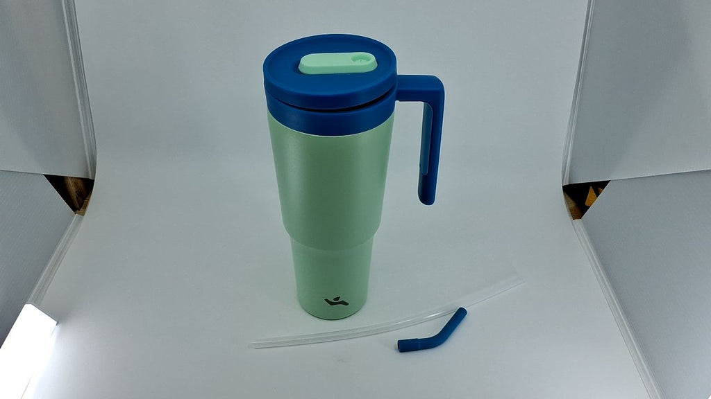 40 OZ Insulated Tumbler w/ Handle & Straw, Mist Blue Stainless Steel