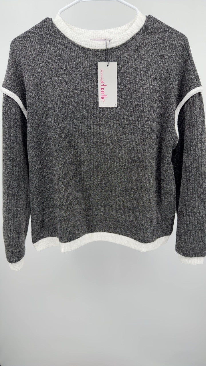 Ribbed Contrast Trim Long Sleeve Top