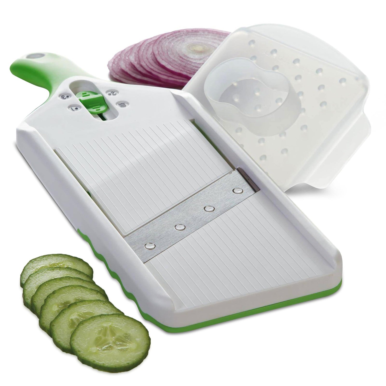 Compact Green Mandoline Slicer - Adjustable Thickness for Fruits & Veggies