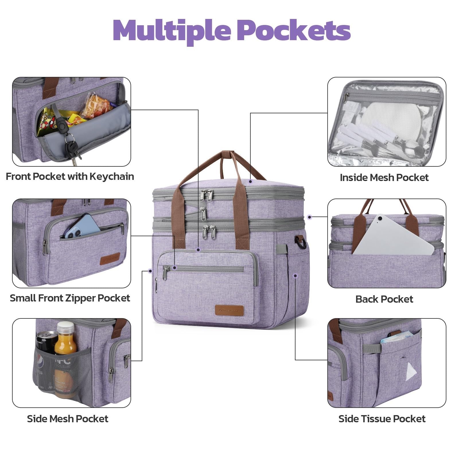 Expandable 23L Lunch Bag, Insulated Cooler with Side Pocket, Lavender