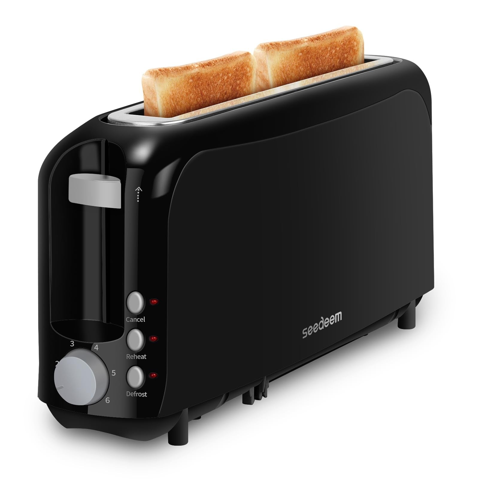 2 Slice Toaster, 10" Long Slot, Black, Cancel/Reheat/Defrost Function