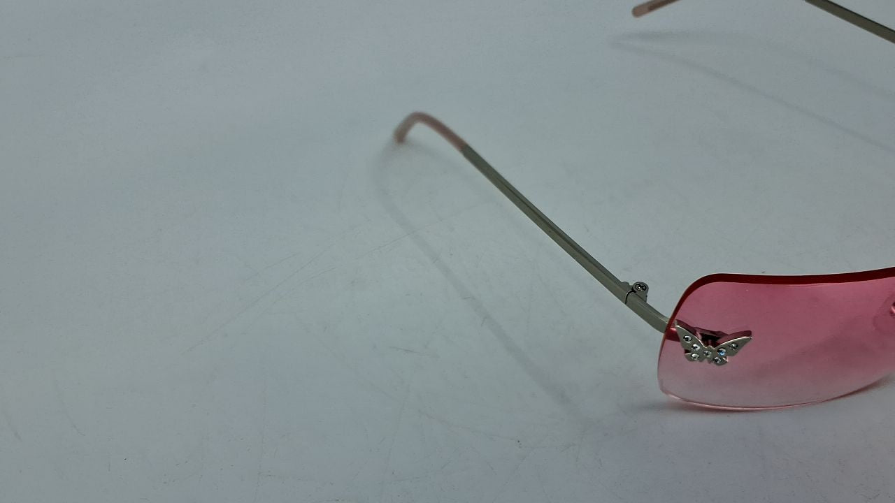 Cute Frameless Y2K Sunglasses - Small Rectangle Pink Lens, Butterfly Design