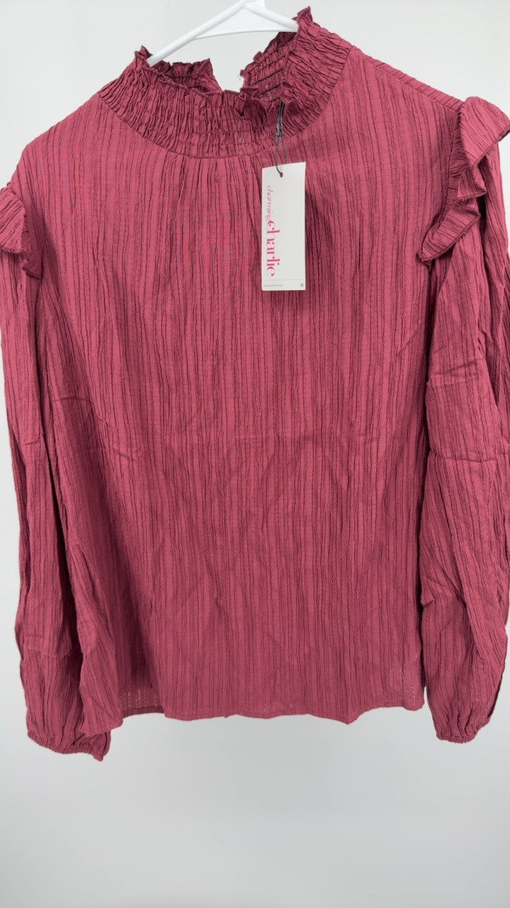 Mock Neck Ruffle Shoulder Blouse