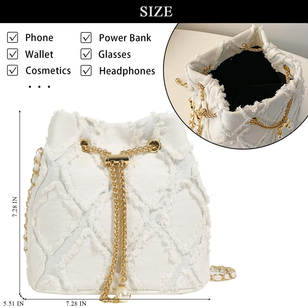 Extolove White Denim Bucket Bag Quilted Drawstring Hobo Purse