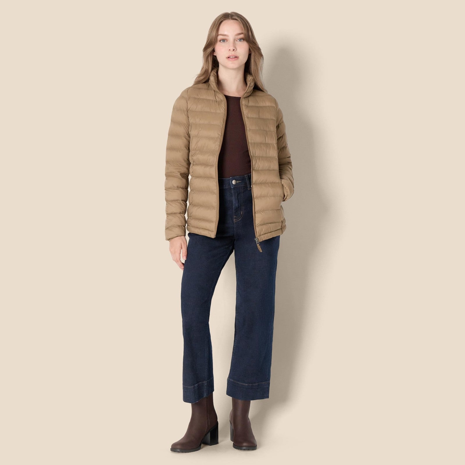 Women's Long-Sleeve Packable Puffer Jacket, Large, Mushroom Brown, Lightweight