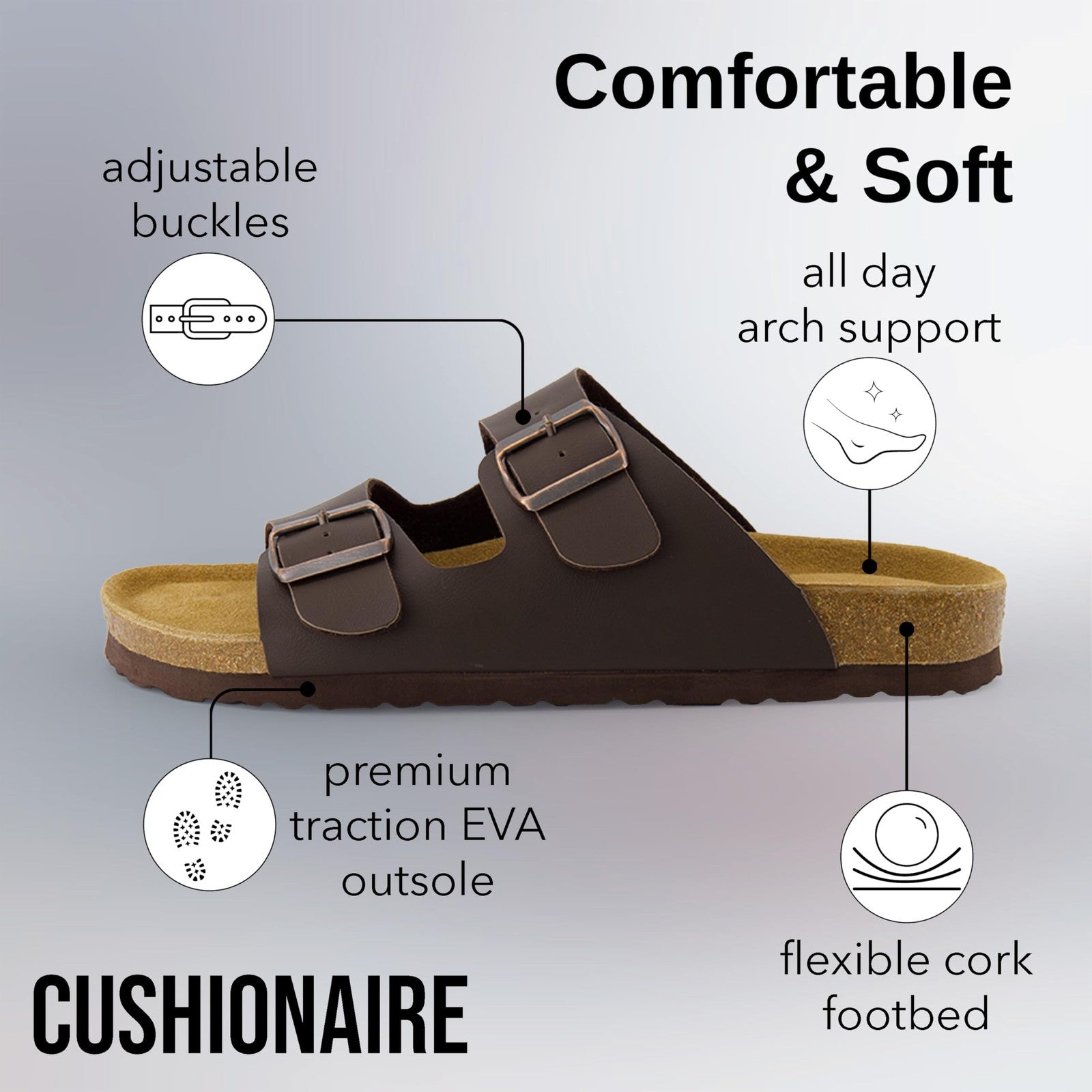 CUSHIONAIRE Lane Cork Footbed Mens Sandals, Adjustable Buckle Comfort Slides, 10