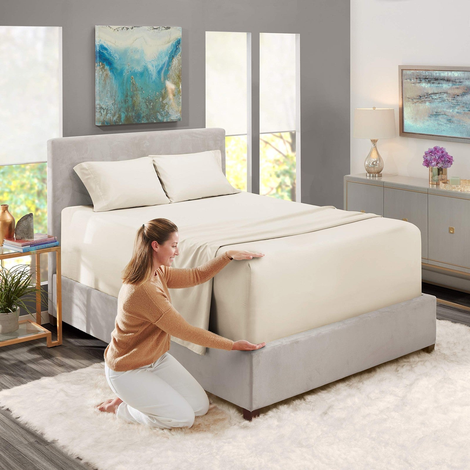 Queen Size Sheet Set 4pc Extra Deep Pocket Microfiber Off White