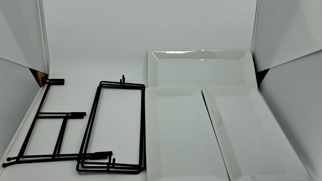 3-Tier Serving Display Stand w/ White Porcelain Plates - Elegant Buffet Decor