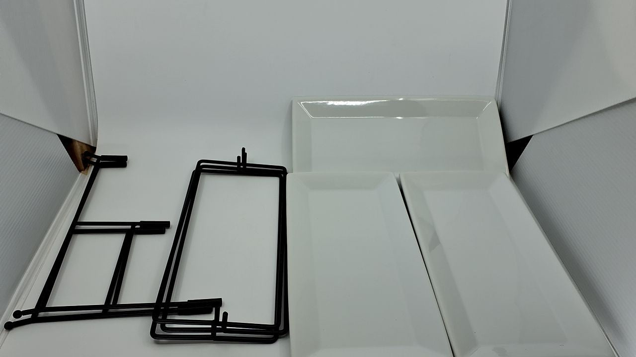 3-Tier Serving Display Stand w/ White Porcelain Plates - Elegant Buffet Decor