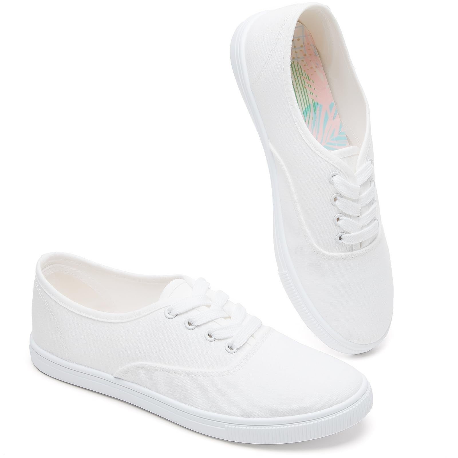 Classic Womens White Flower Sneakers, Lightweight Canvas Size 9.5