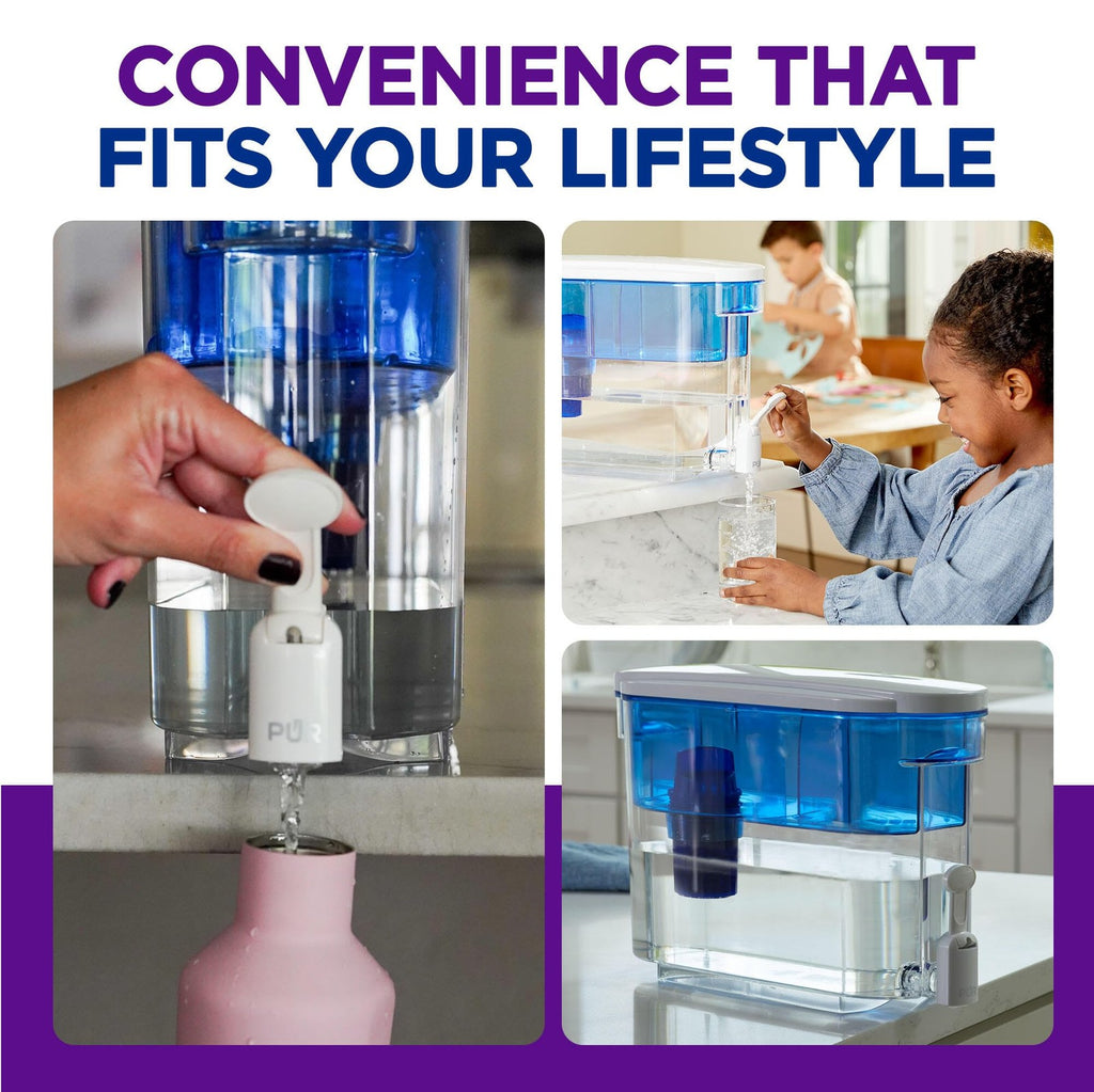 PUR 30-Cup Water Filter Dispenser White/Blue, 1 Filter, Dishwasher Safe