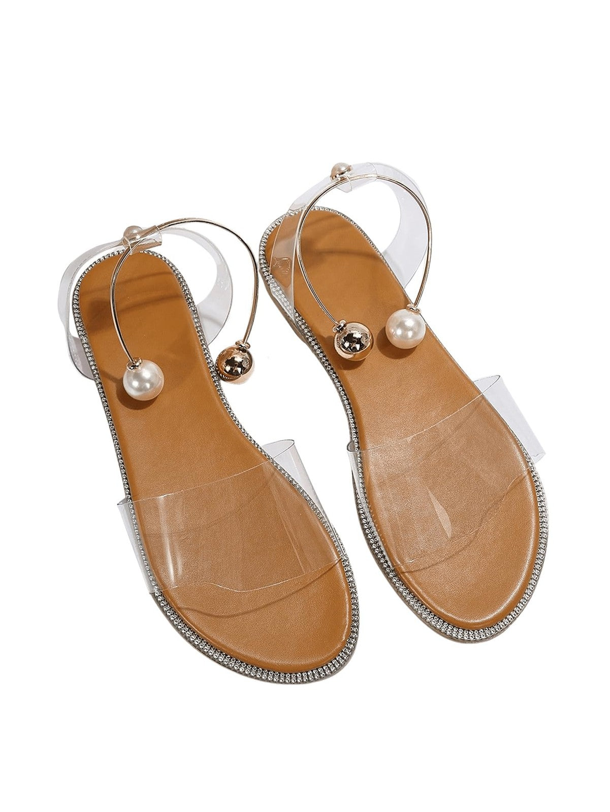Lightweight Women's Flat Sandals Clear Straps Pearl Decor Apricot 5.5