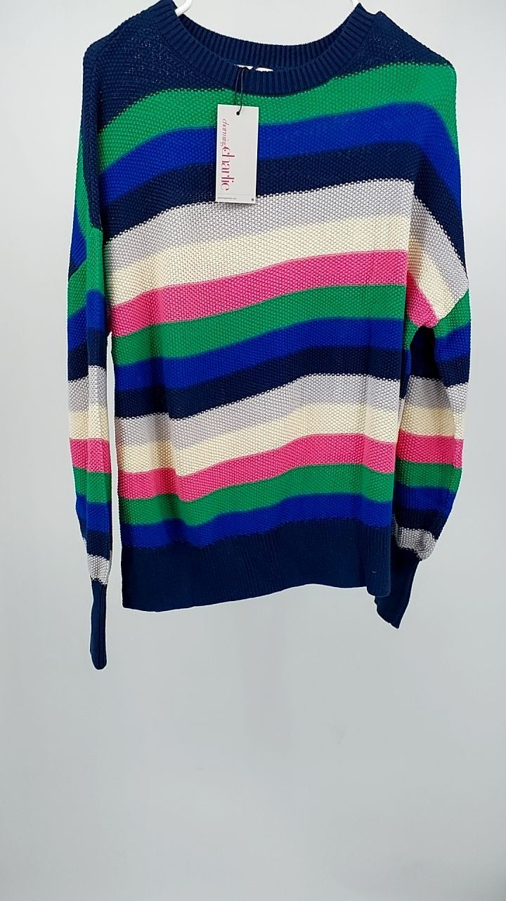 Rainbow Striped Crew Neck Drop Shoulder Sweater