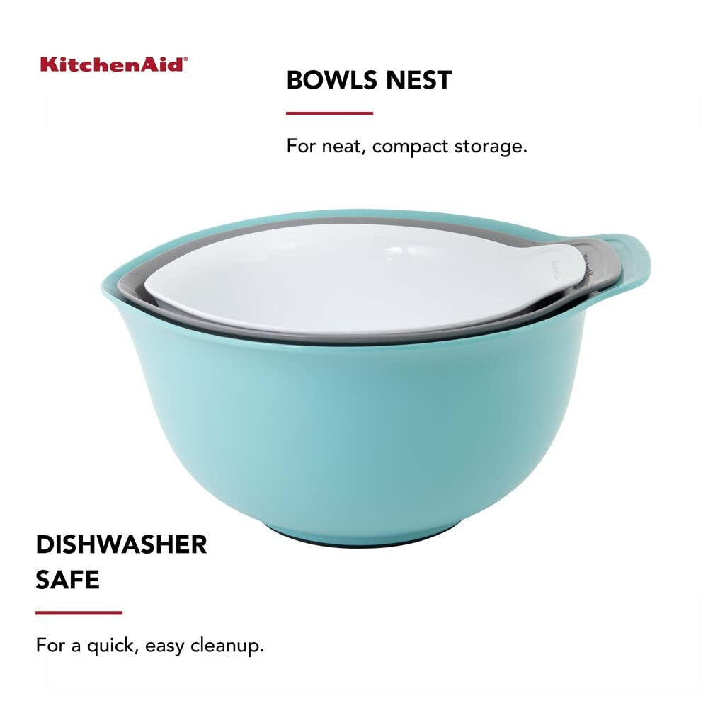 KitchenAid Mixing Bowls Set of 3, Easy Pour Spouts, Aqua Sky, Dishwasher Safe