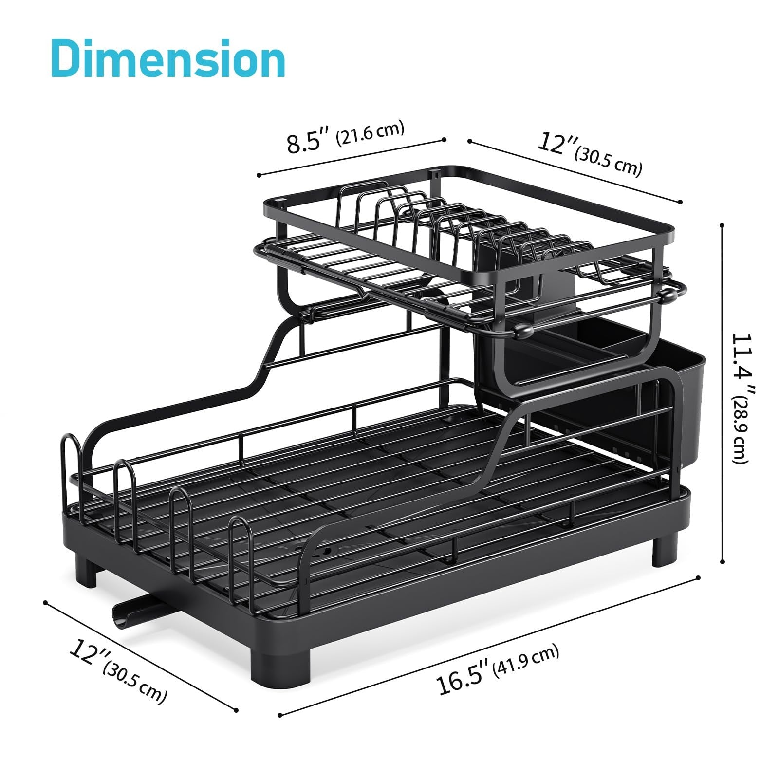 2 Tier Dish Drying Rack, Space Saving, Deep Black, Fits Over Sink