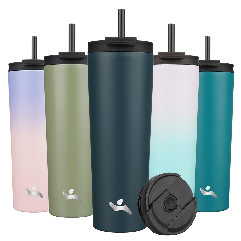 30 OZ Insulated Travel Mug w/ Lid & 2 Straws, Navy Blue Stainless Steel