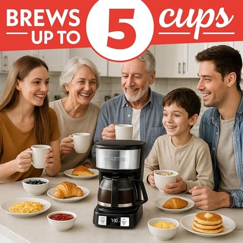 Gourmia Coffee Maker, 5 Cup, Adjustable Keep Warm, Black