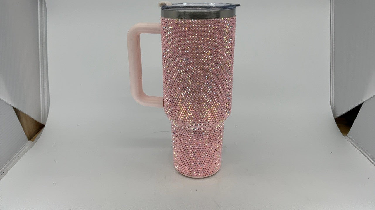 40oz Pink Sand Rhinestone Tumbler - Insulated Stainless Steel w/ Straw