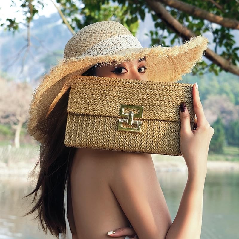 Khaki Straw Clutch Purse 10.2x5.9in Woven Beach Bag w/ Strap